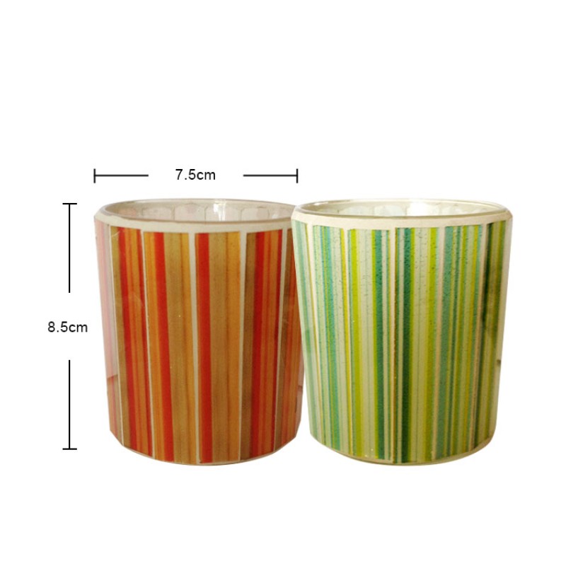European Style  Vertical Stripe Colored Red Green Glass Candle Jar Container 