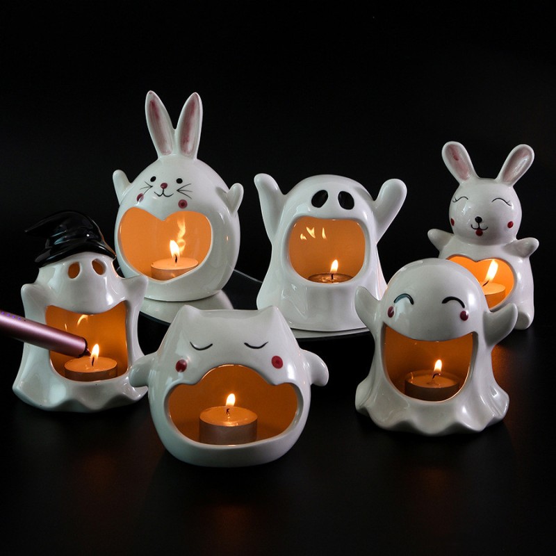 Photo Props Ghost Shaped Halloween Decorations Decor Candy Dish Ceramic Candlestick Holder Candle Tray Ceramic Candle Holder 