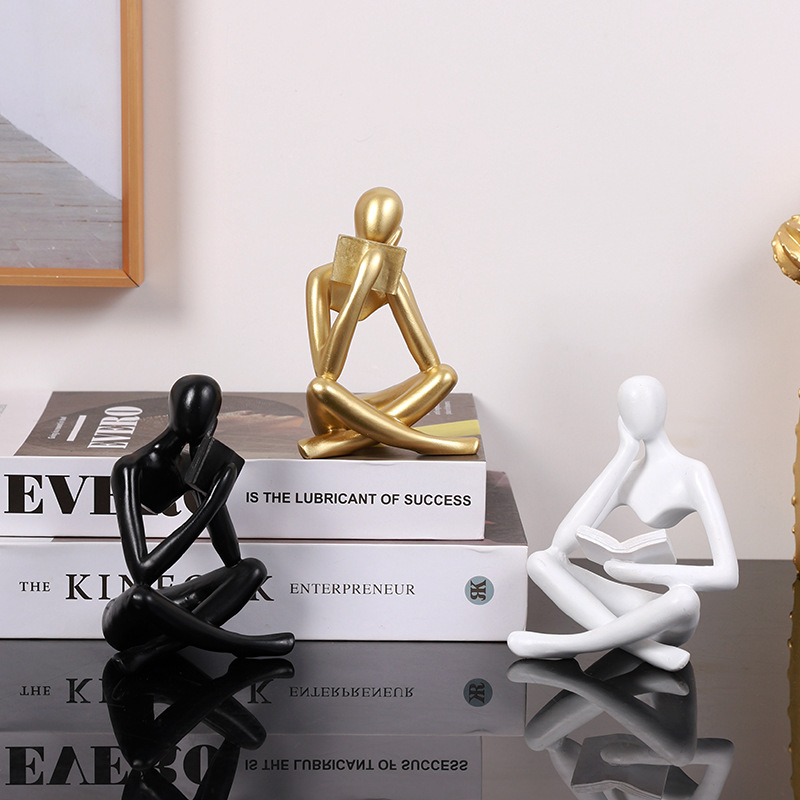 Modern Aesthetic Figurine Decoration Abstract Art Human Sculpture Ornaments Gold Reading Women Thinker Statue for Decor 