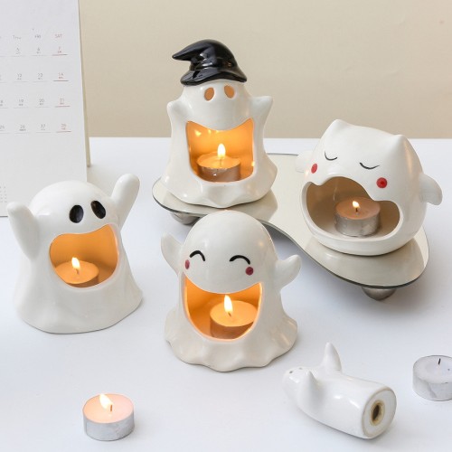 Photo Props Ghost Shaped Halloween Decorations Decor Candy Dish Ceramic Candlestick Holder Candle Tray Ceramic Candle Holder