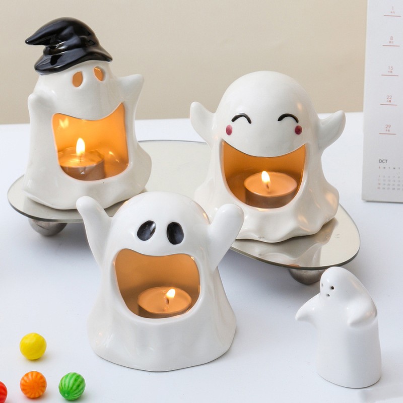 Photo Props Ghost Shaped Halloween Decorations Decor Candy Dish Ceramic Candlestick Holder Candle Tray Ceramic Candle Holder 
