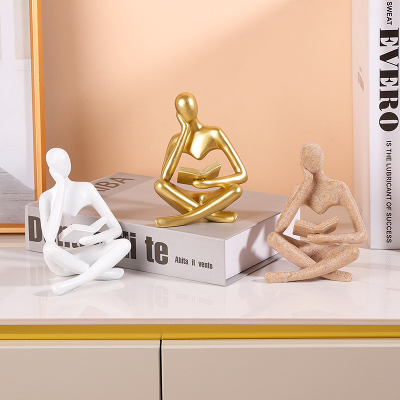 Modern Aesthetic Figurine Decoration Abstract Art Human Sculpture Ornaments Gold Reading Women Thinker Statue for Decor 