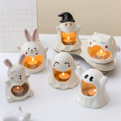 Photo Props Ghost Shaped Halloween Decorations Decor Candy Dish Ceramic Candlestick Holder Candle Tray Ceramic Candle Holder