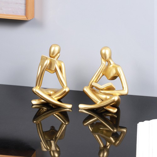 Modern Aesthetic Figurine Decoration Abstract Art Human Sculpture Ornaments Gold Reading Women Thinker Statue for Decor